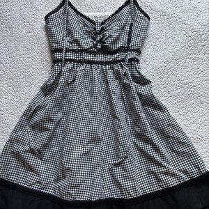 Japanese brand black plaid minidress with floral embroidery